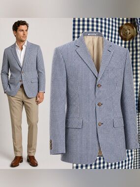 Orvis Navy Beige Gingham Check 3 Button Sport Coat Blazer Cotton Preppy Size 46R